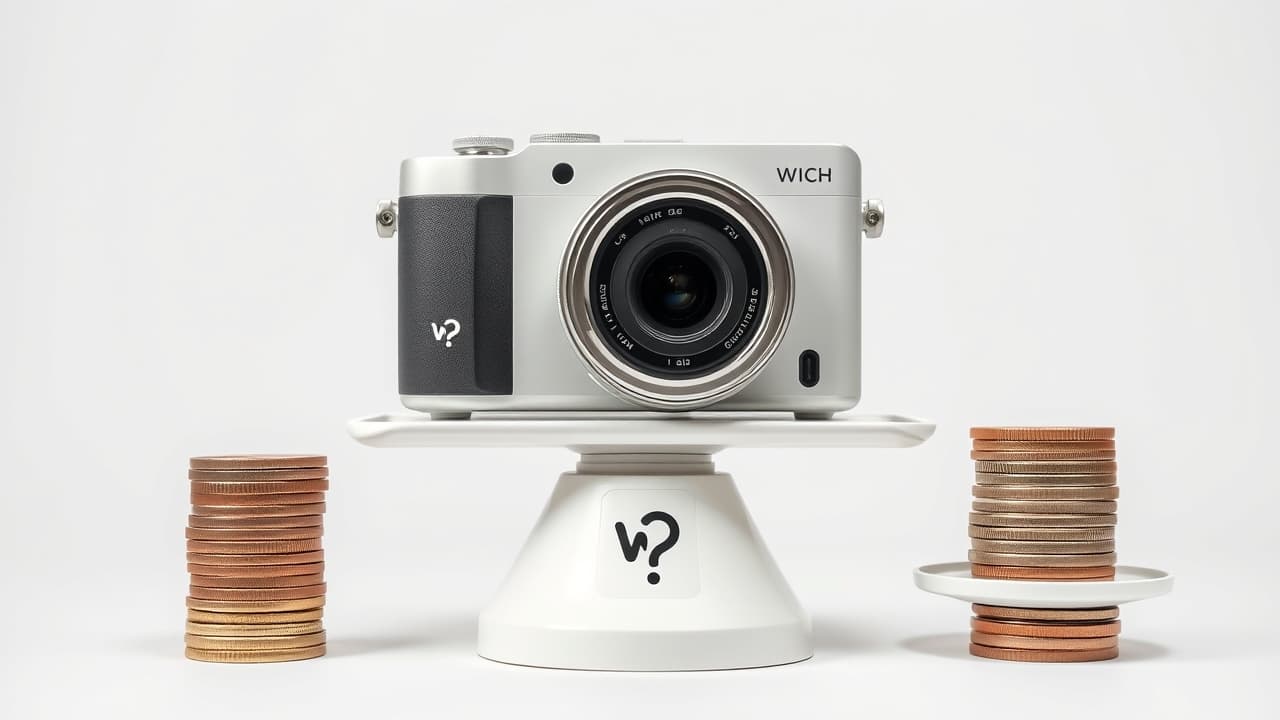 Stack of coins and a camera, representing cost and value