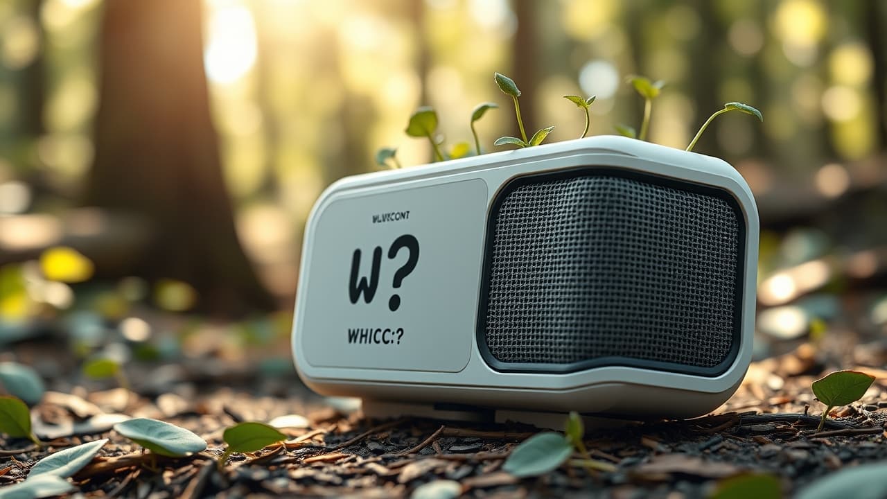 A portable Bluetooth speaker made from recycled materials, with a leaf symbol, in a natural setting
