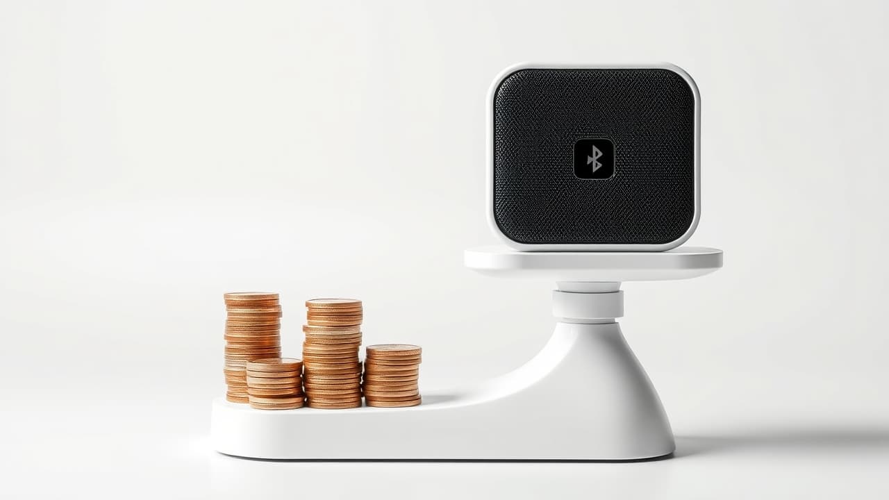 Various portable Bluetooth speakers arranged with price tags, illustrating different budget options