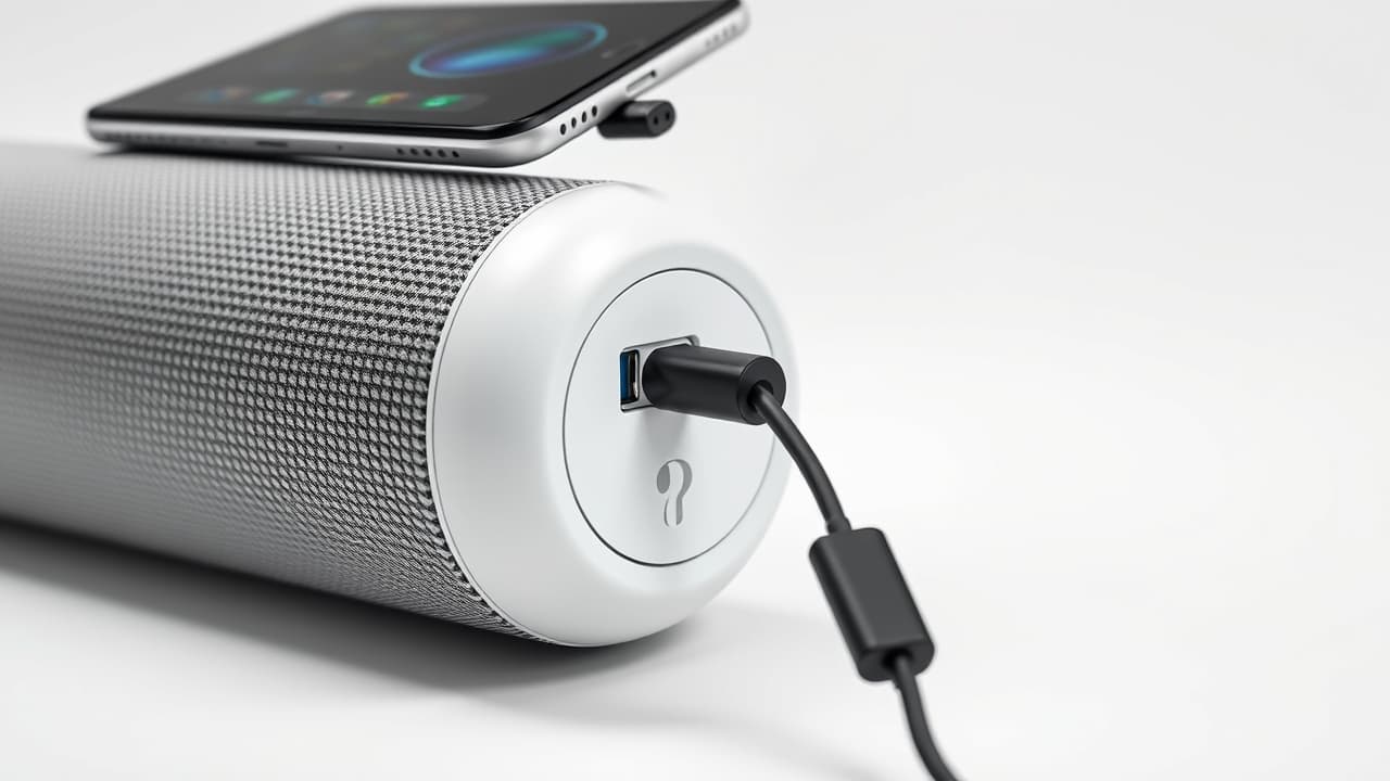 A portable Bluetooth speaker charging a smartphone, illustrating its power bank capability