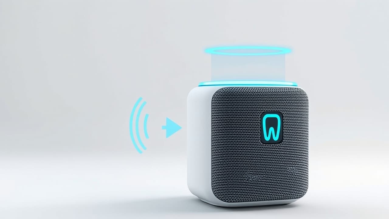 A portable Bluetooth speaker displaying smart features like voice assistant and app control icons