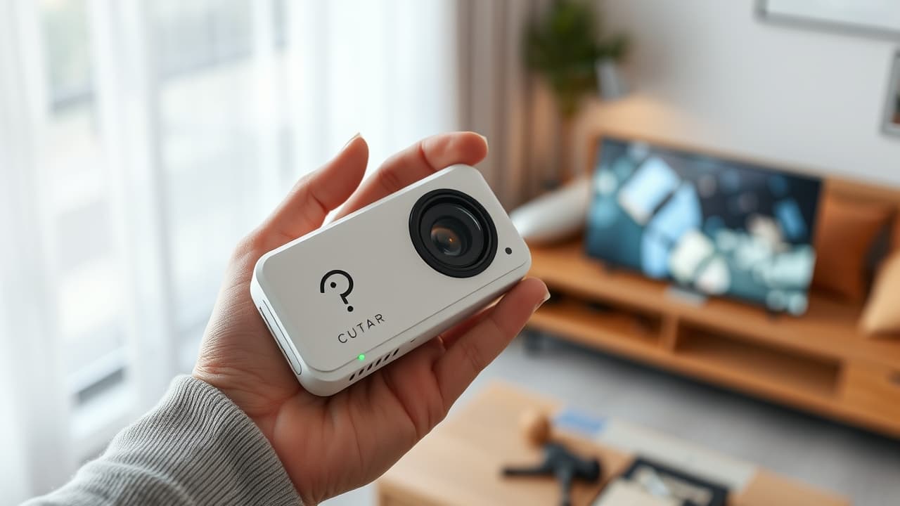 Different sizes of portable mini projectors, from pocket-sized to palmtop, next to everyday objects for scale