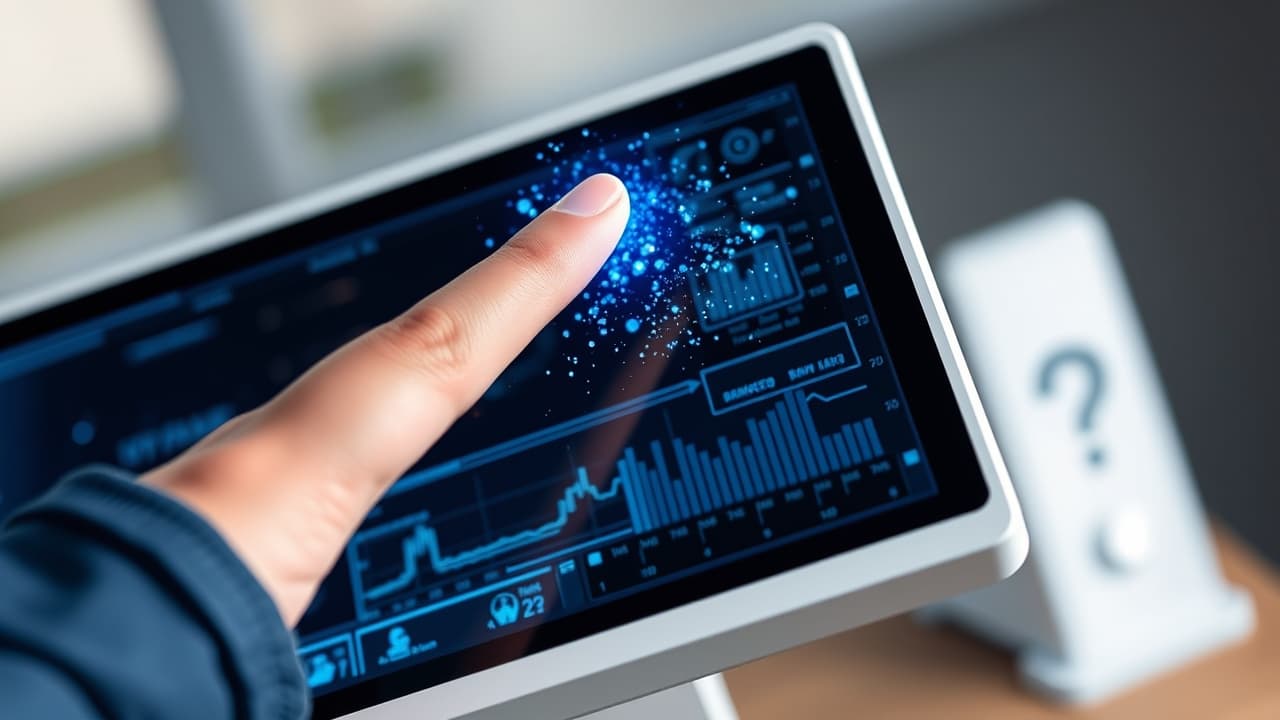 A hand interacting with a portable monitor's touchscreen, demonstrating finger and stylus input for drawing or navigating applications.