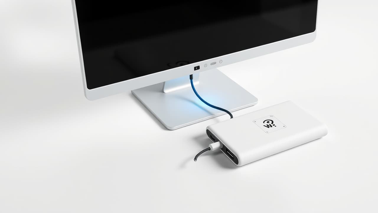 A portable monitor connected to a laptop via a single USB-C cable, illustrating power and video from one source, contrasting with a monitor connected to an external power adapter.