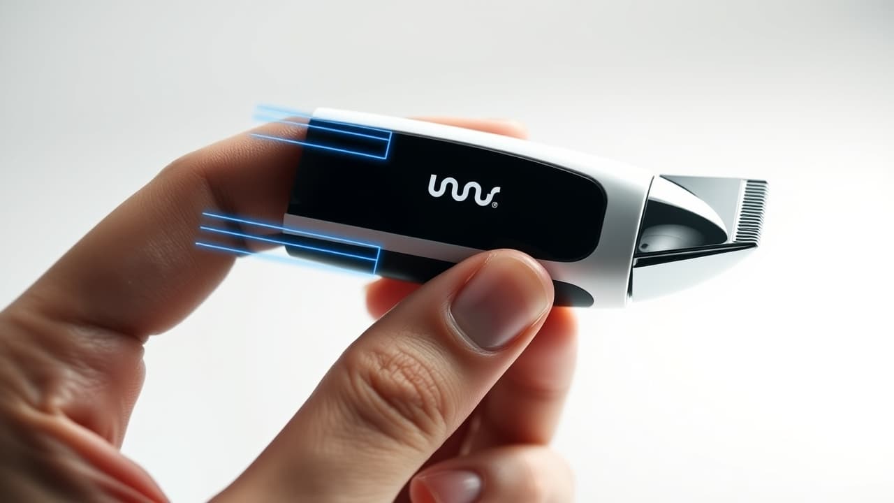 Hand holding an ergonomically designed beard trimmer, showing comfortable grip and balance.