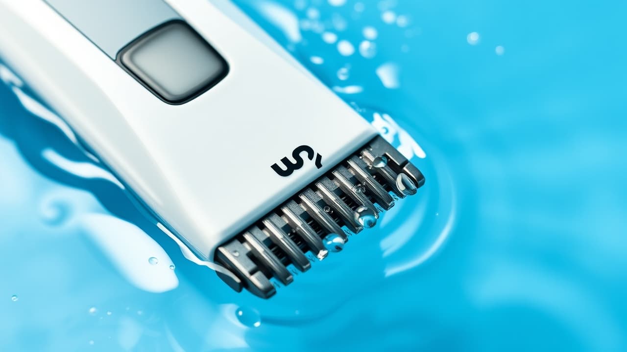 A waterproof beard trimmer being rinsed under running water.