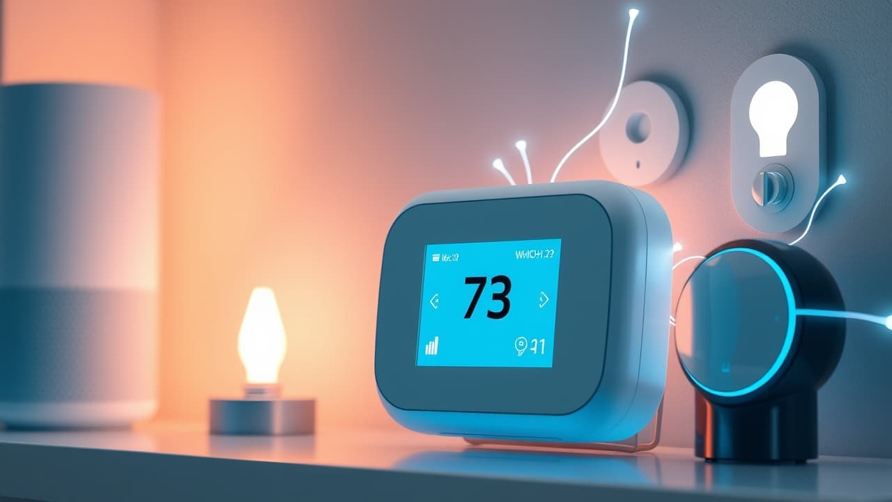 Smart home devices connected to a central hub, including a thermostat