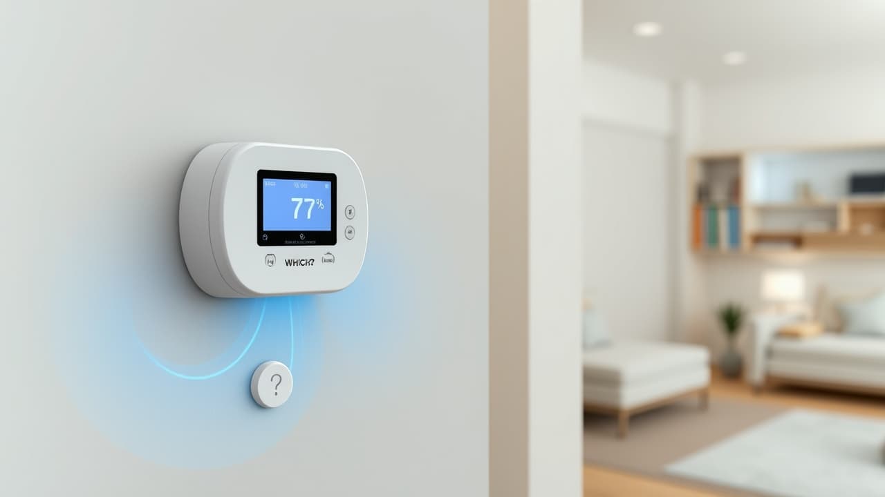 Small temperature sensor placed in a room, connected to a central thermostat