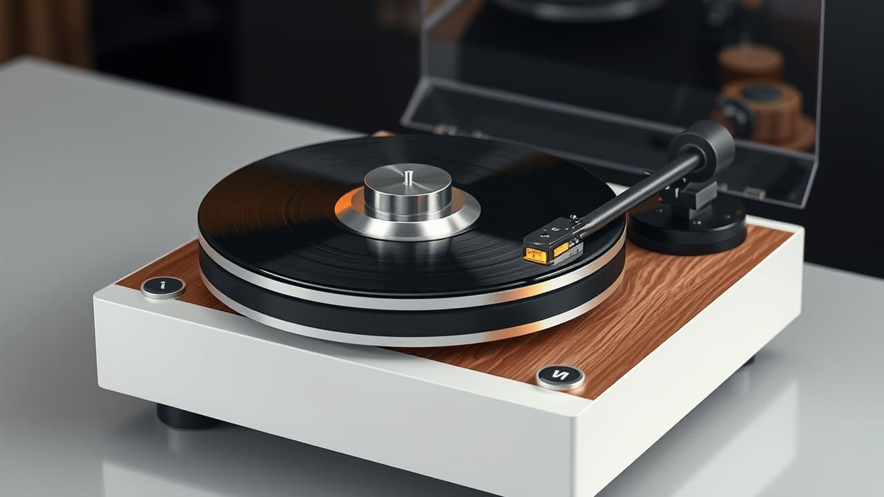 Close-up of a well-built record player with sturdy plinth and metal components