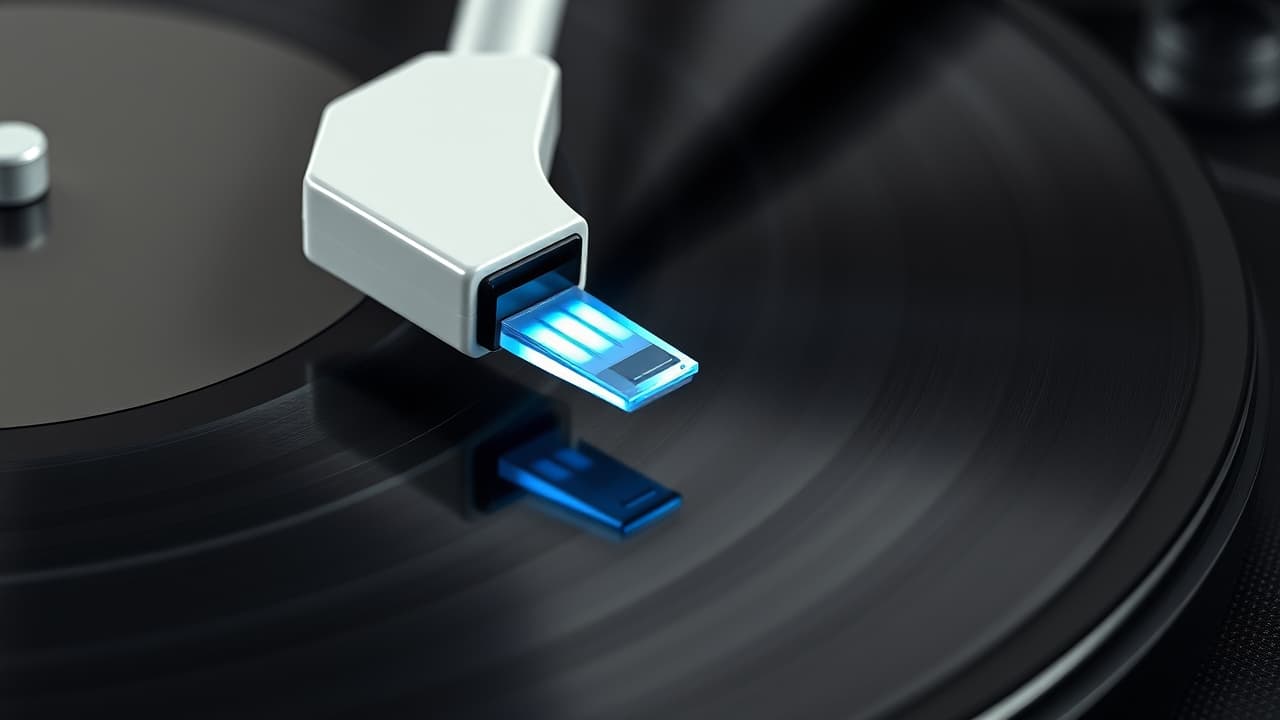 Close-up of a record player's cartridge and stylus, highlighting the needle on a vinyl groove