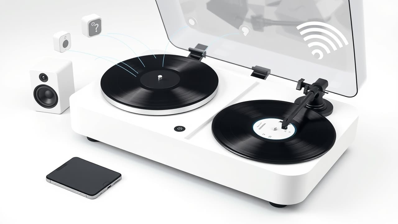 Back panel of a record player showing various output ports like RCA, USB, and a Bluetooth symbol