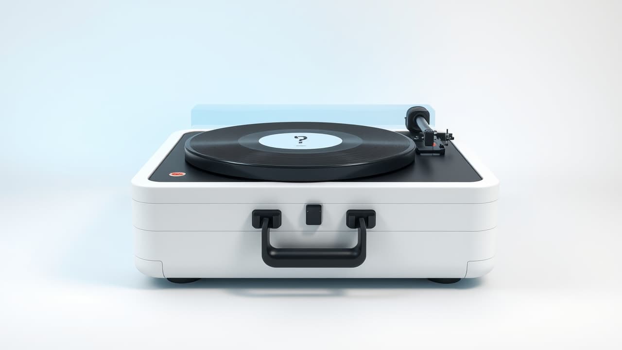 Various record player designs, including a retro suitcase player and a sleek modern turntable