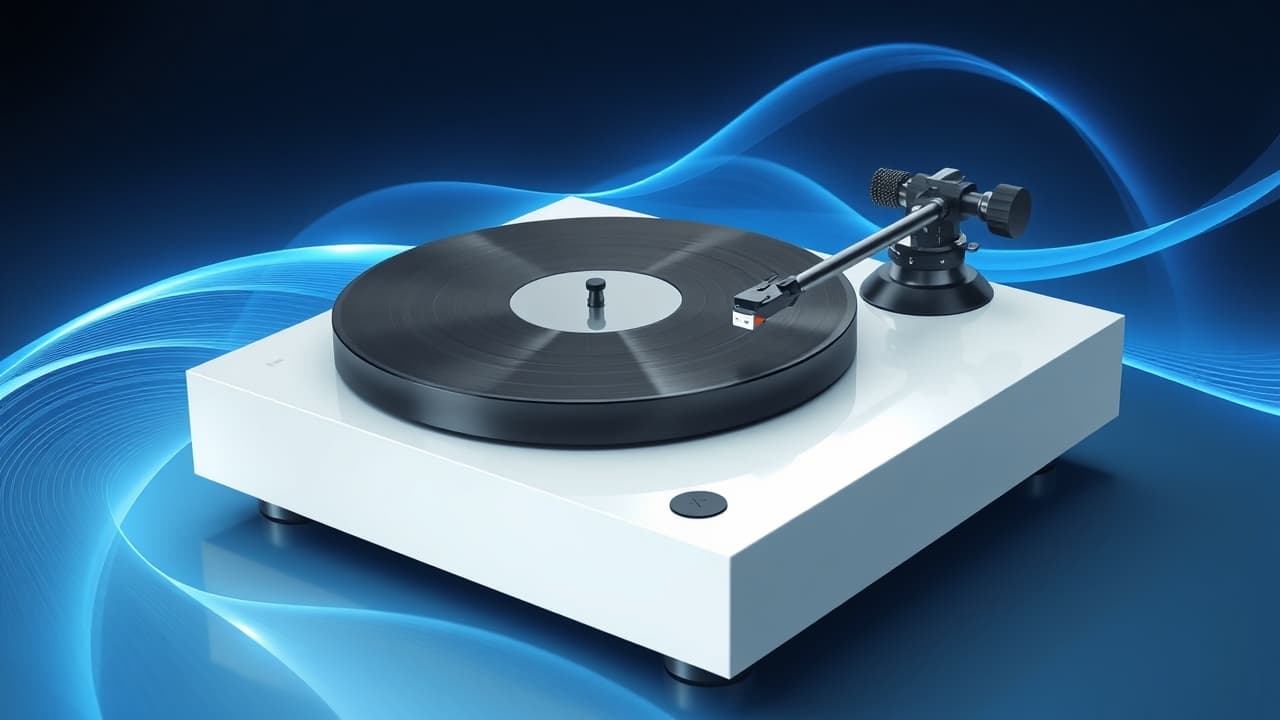Close-up of a record player's stylus on a vinyl record, emphasizing audio fidelity
