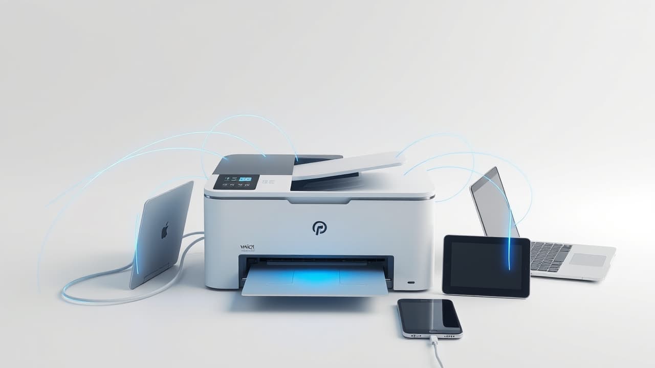 Diagram showing various printer connectivity options: Wi-Fi, USB, Ethernet, Cloud