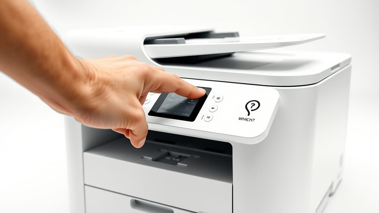 Person easily setting up a printer with a simple interface, representing user-friendliness