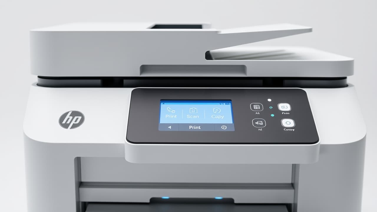 Close-up of a printer's color touchscreen display with clear menu options