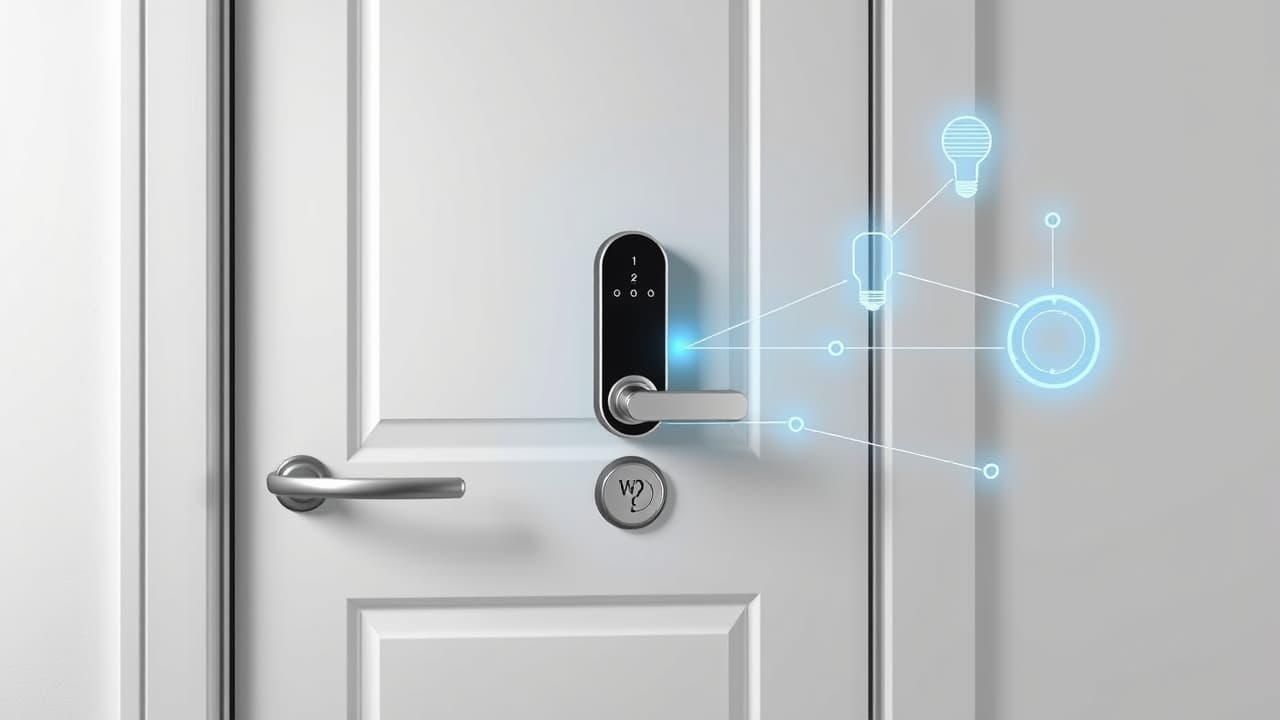 Icons representing various smart home platforms like Alexa, Google Assistant, Apple HomeKit, and a smart lock icon, connected by lines