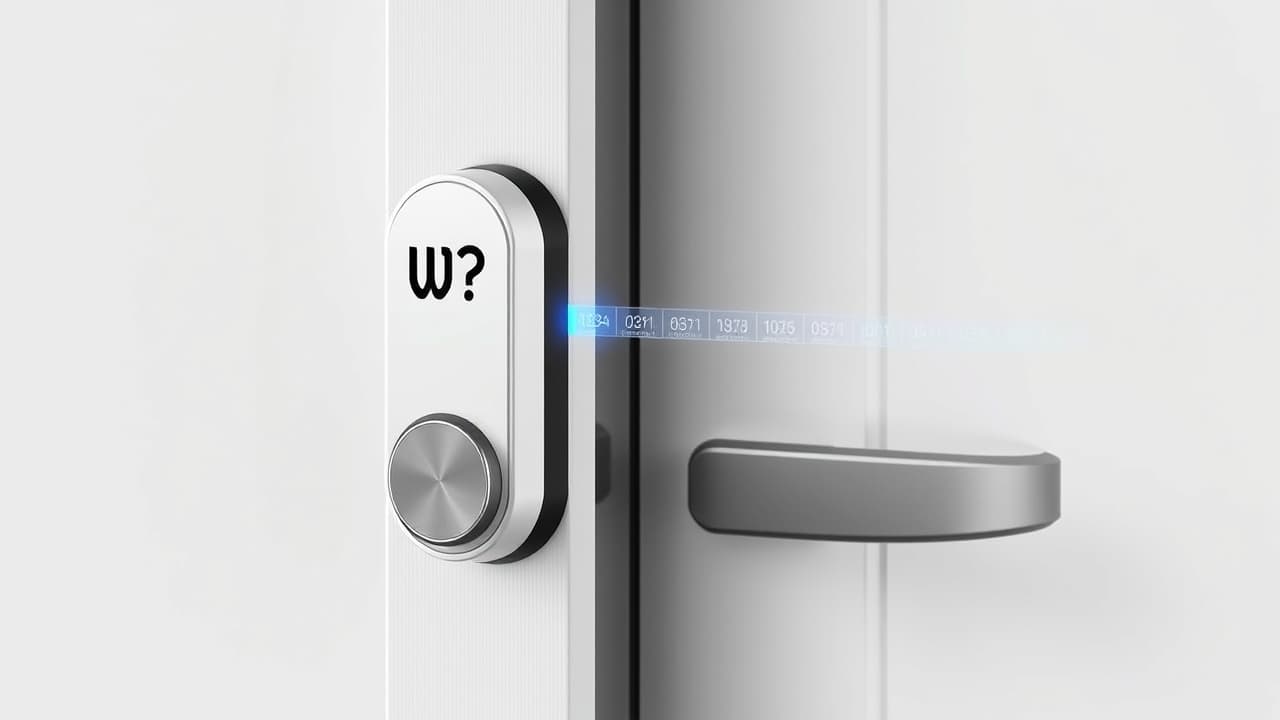 A smartphone showing a timeline of door events (locked, unlocked, person entered), representing activity logs and alerts