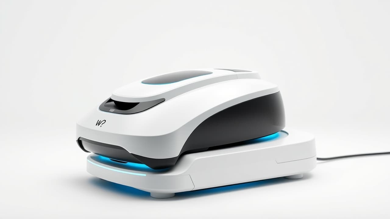A robot lawn mower charging at its station, with battery life indicators