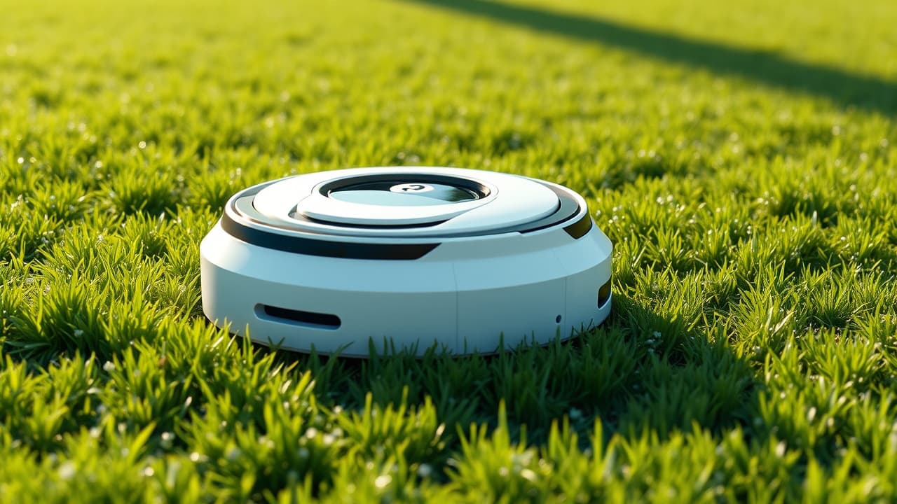 A person enjoying their free time while a robot lawn mower works, symbolizing ease of ownership