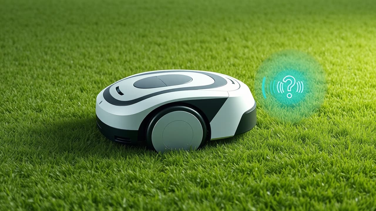 A quiet robot lawn mower operating in a peaceful backyard, illustrating low noise levels