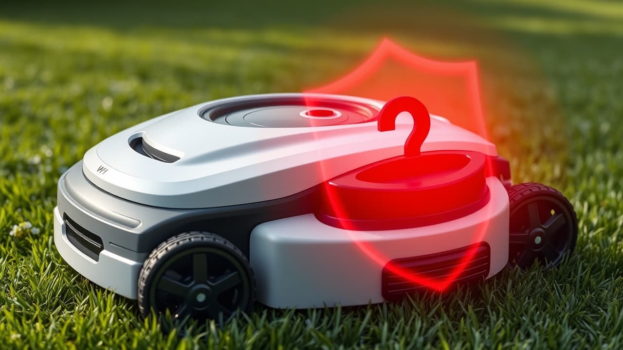 A robot lawn mower with security icons like GPS and alarm, indicating theft protection features