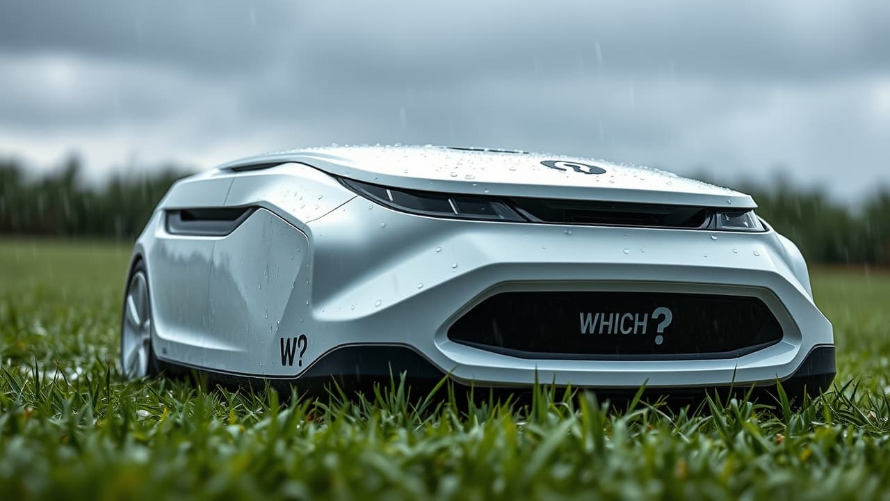 A robot lawn mower operating in light rain, demonstrating its weather resistance