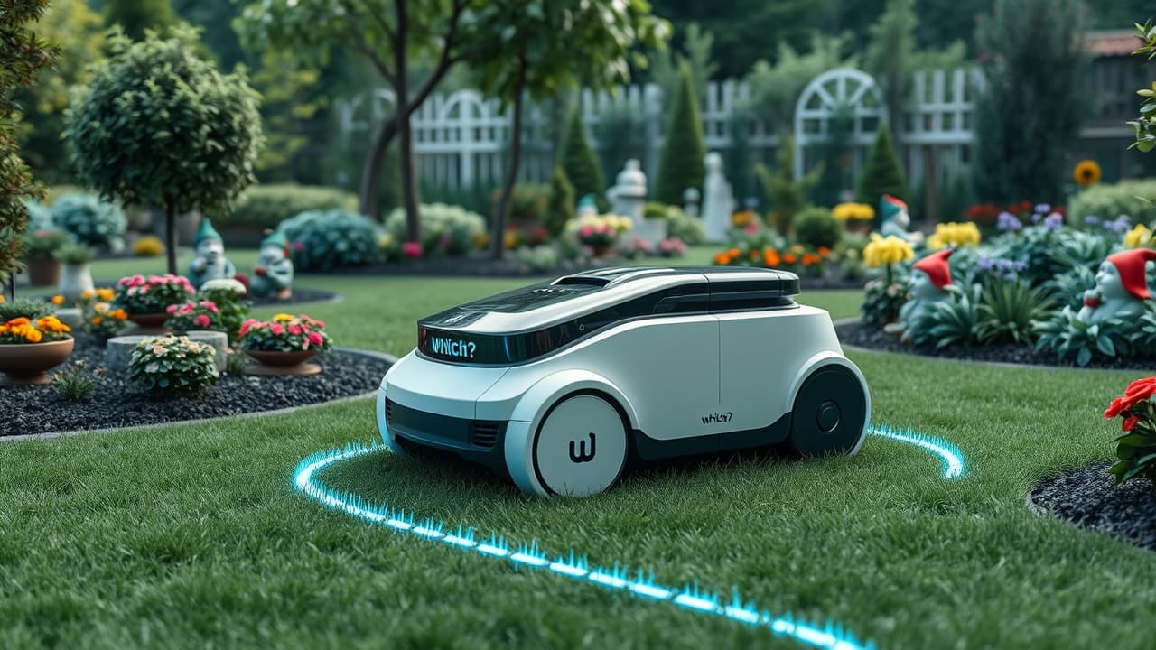 A robot lawn mower using sensors and GPS to navigate around obstacles in a yard