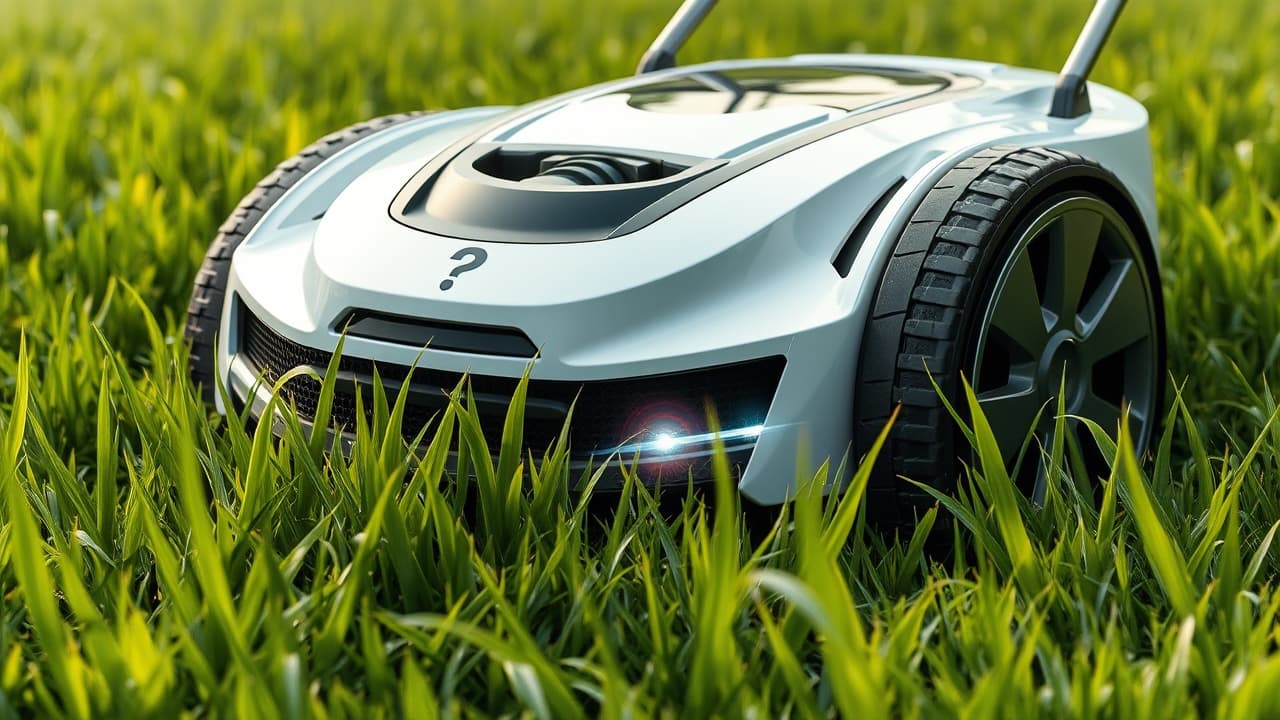 A powerful robot lawn mower cutting grass on a large, sloped lawn