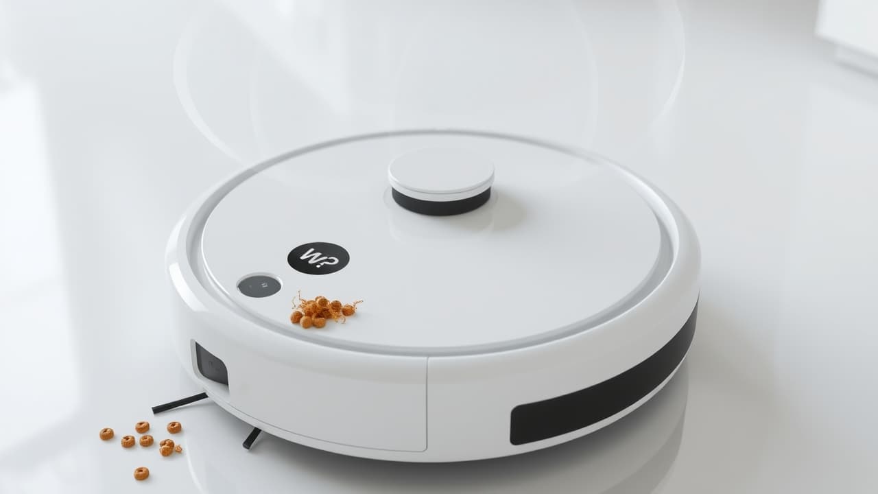 A robotic mop with AI-based pet waste detection, showing it avoiding a simulated pet mess to prevent smearing