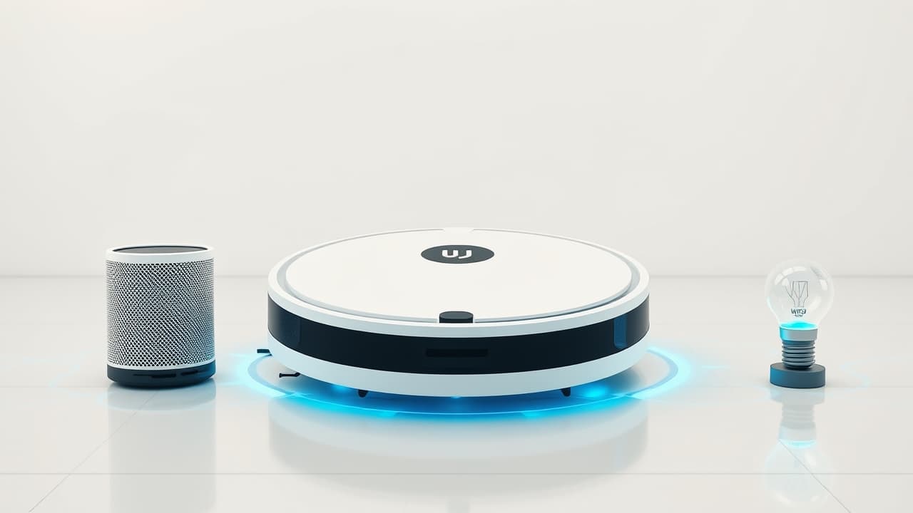 A smartphone displaying a robotic mop's app interface, showing remote control, scheduling, and virtual boundaries for smart home integration