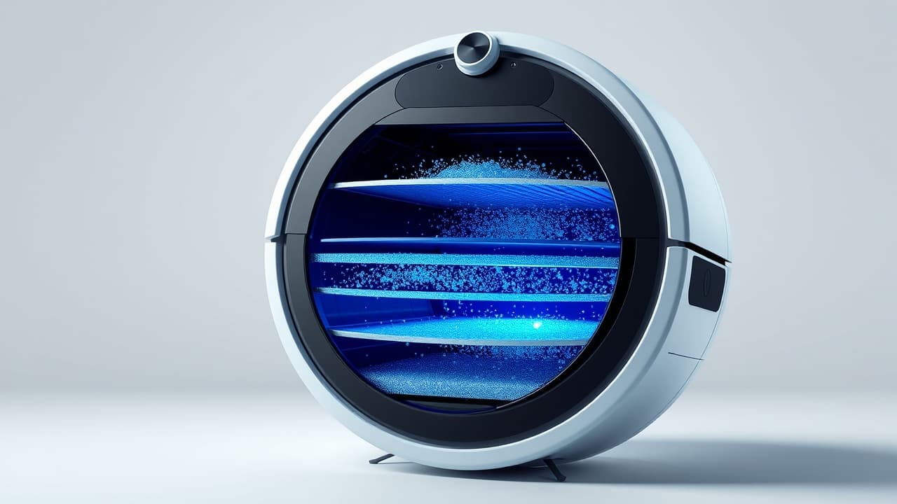 A close-up of a HEPA filter from a robot vacuum, showing its pleated design for trapping small particles