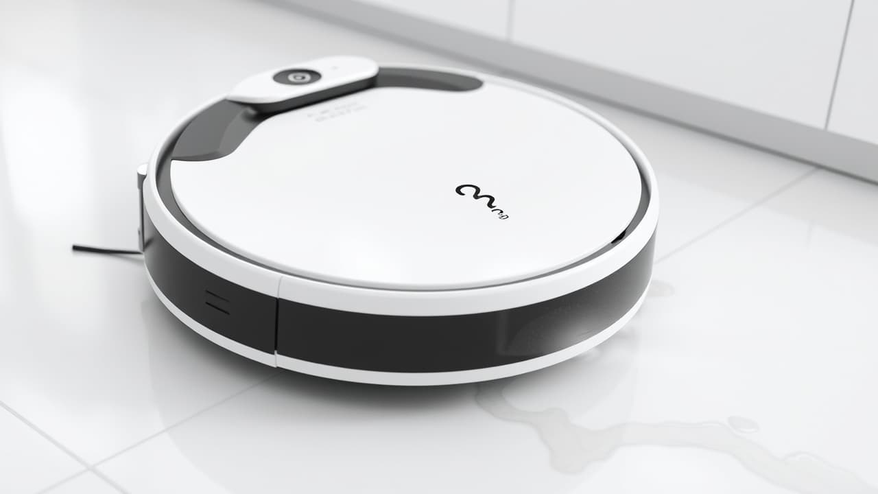 A robot vacuum with an attached mop pad cleaning a hard floor, leaving a clean trail