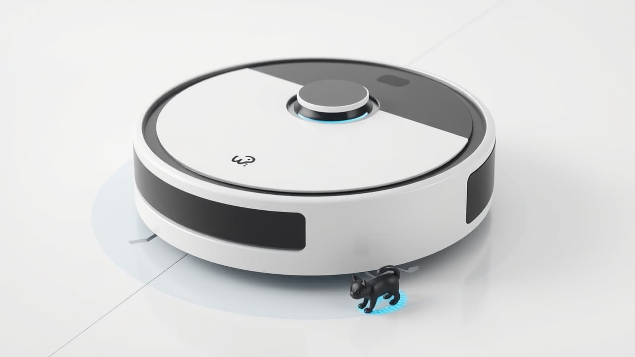A robotic vacuum deftly navigating around common household obstacles like shoes, cords, and pet bowls