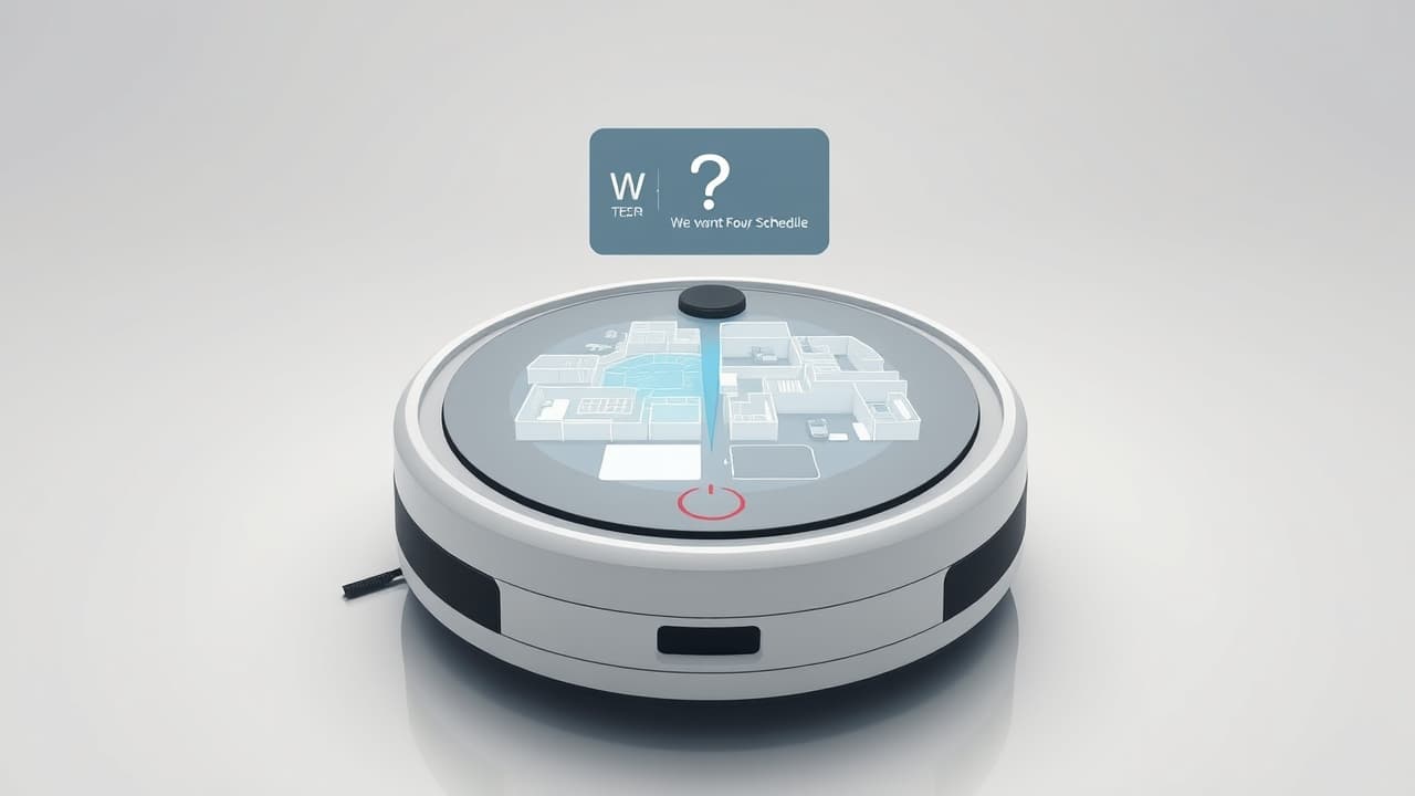 A smartphone screen showing a robot vacuum app interface with options for scheduling, room mapping, and voice control icons