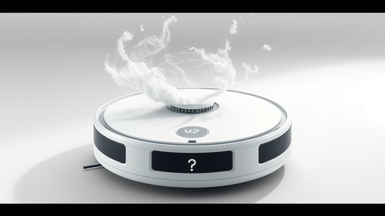 A robotic vacuum with visible powerful suction pulling in dust and debris from a carpeted floor