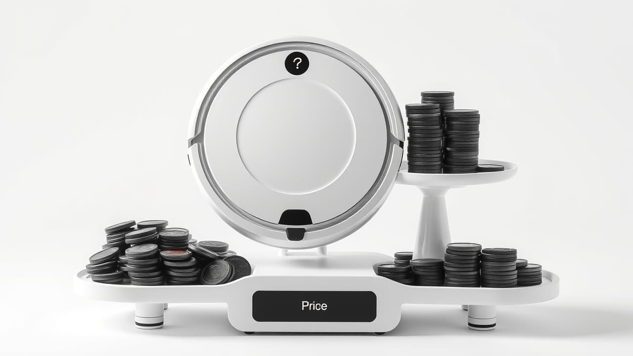 Various robotic vacuum cleaners displayed with different price tags, from budget-friendly to high-end models