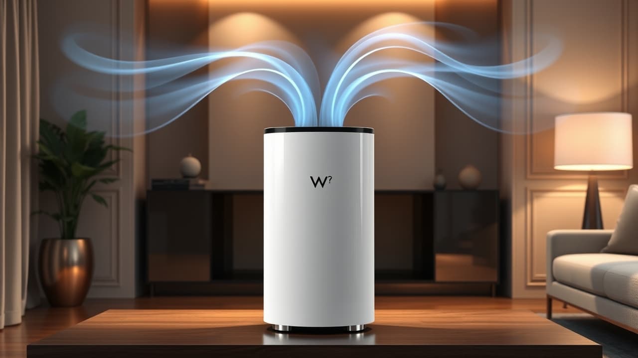 Sleek, minimalist air purifier blending into a modern living room