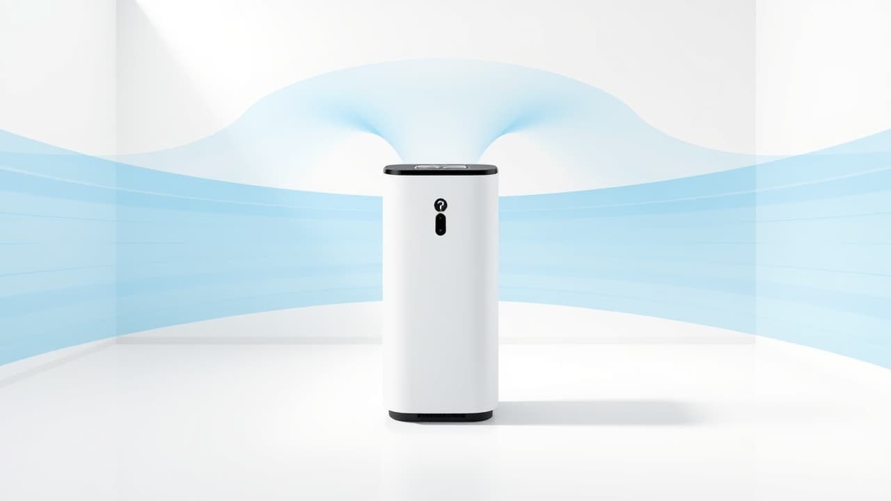 Diagram showing an air purifier cleaning a room of a specific size with CADR rating