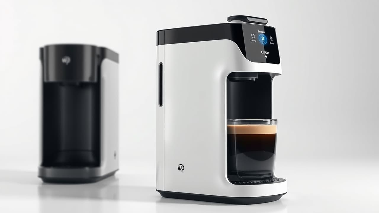 A single-serve coffee maker with an attached milk frother and an iced coffee setting