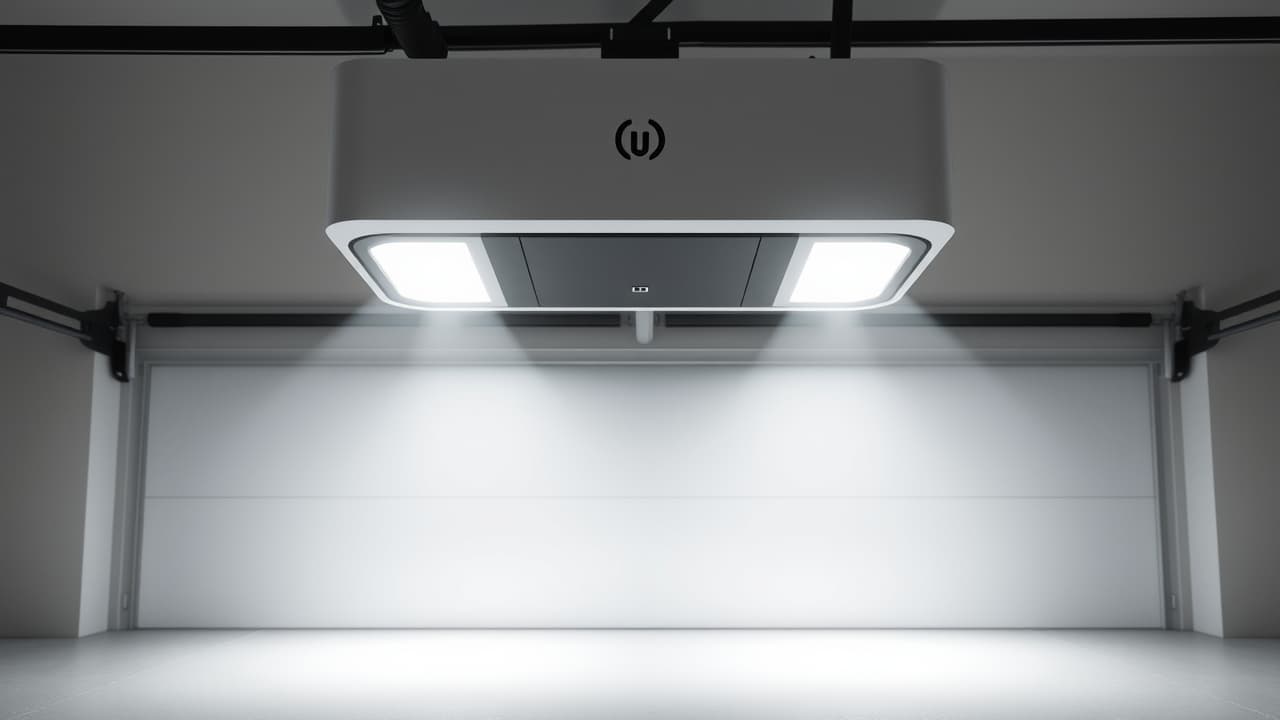 Garage interior illuminated by bright corner-to-corner LED lighting from a smart opener