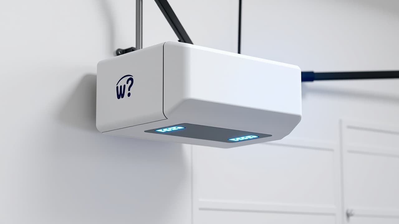 Garage door opener with an integrated battery backup system, indicating power during an outage