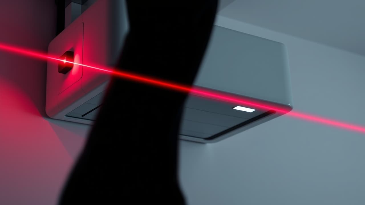 Infrared safety sensors at the base of a garage door track, preventing closure on an obstruction