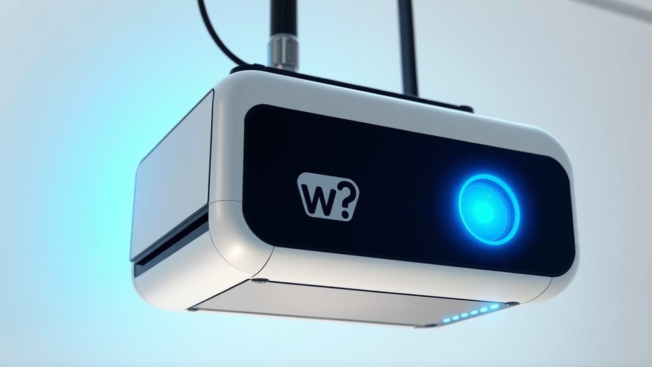 A quiet belt-drive garage door opener in operation, with sound waves indicating low noise