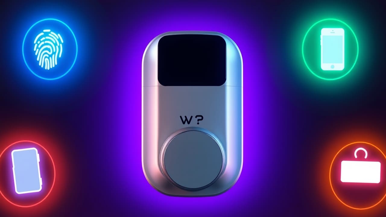 Multiple icons representing various smart lock access methods: fingerprint, keypad, smartphone app, and traditional key, for easy comparison.