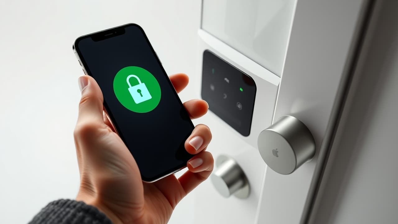 An iPhone and Apple Watch tapping a smart lock, symbolizing seamless Apple Home Key integration for easy access.