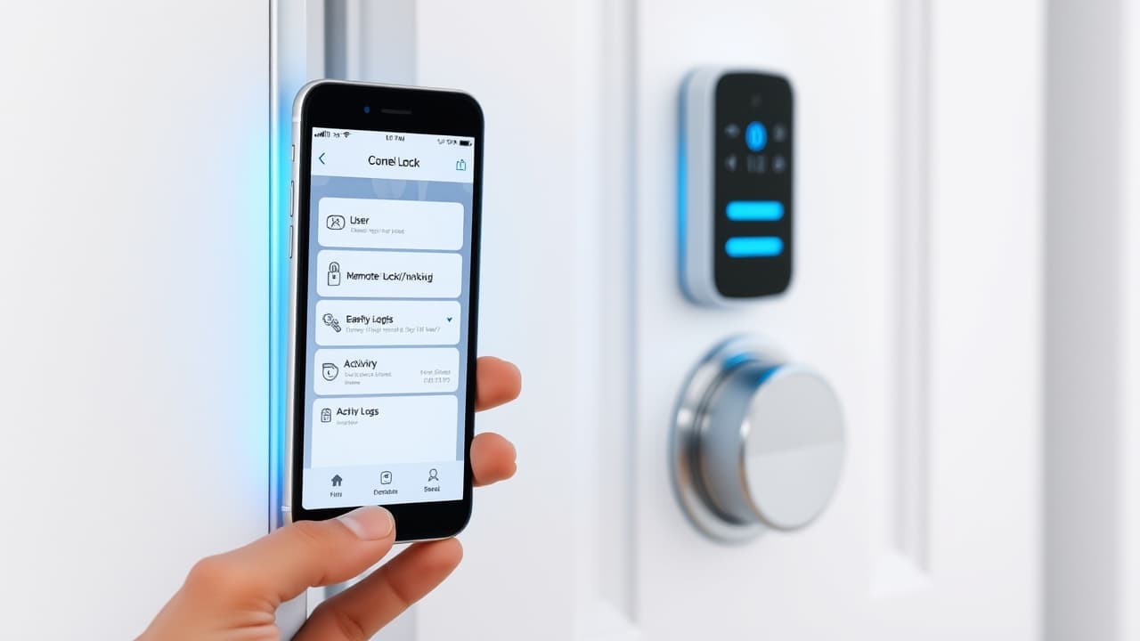 A smartphone screen displaying smart lock controls like auto-lock, temporary codes, and activity logs, highlighting convenience for renters.