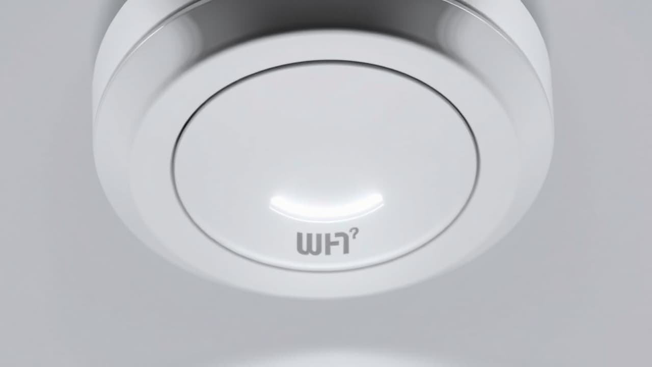 A smart smoke alarm with a soft glow emanating from its base, illuminating a dark hallway, depicting path lighting