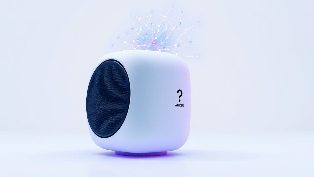 Smart speaker with a glowing AI brain icon, representing advanced generative AI capabilities