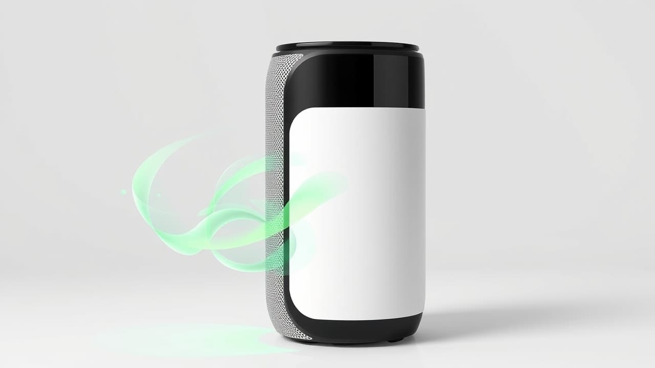 Smart speaker with icons indicating temperature and humidity sensing capabilities